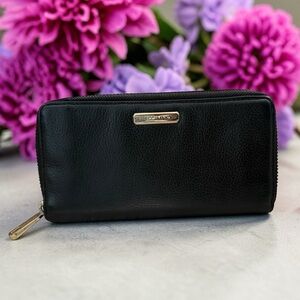 Rebecca Minkoff Black Pebbled Leather Zip Wallet with Gold Hardware